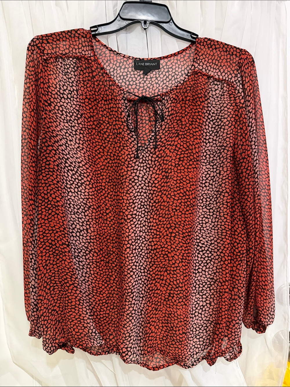 Lane Bryant Red- Orange and Black Printed Tie-Front Blouse